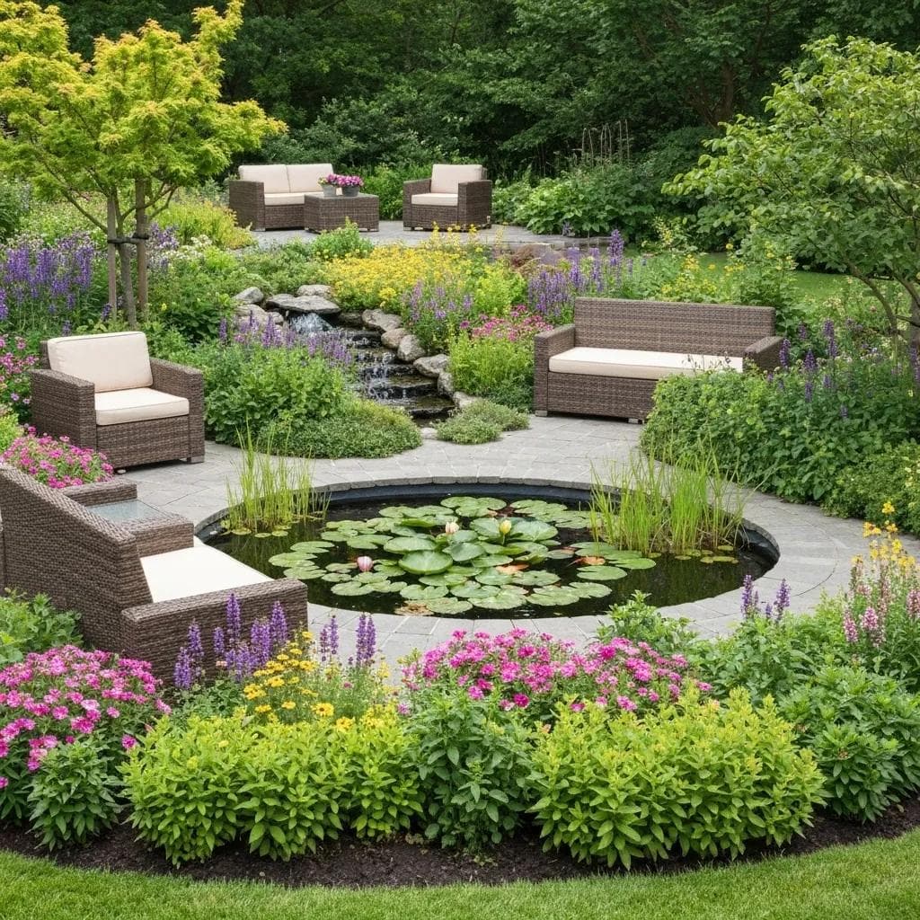 Landscape nursery plants surrounding a garden pond and water feature