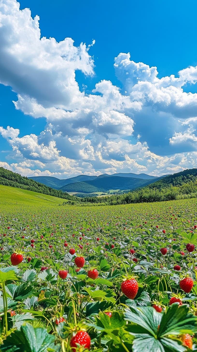 Rows of strawberry plants stretching across a California field