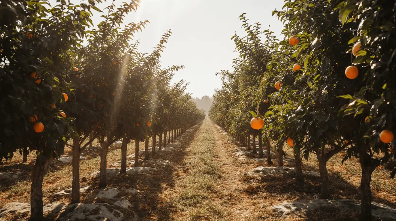 Rows of healthy orange trees in a well-maintained orchard